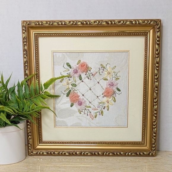 Vintage Ribbon Embroidery Floral Heart Beaded Accents Framed Gold Art - Picture 5 of 5